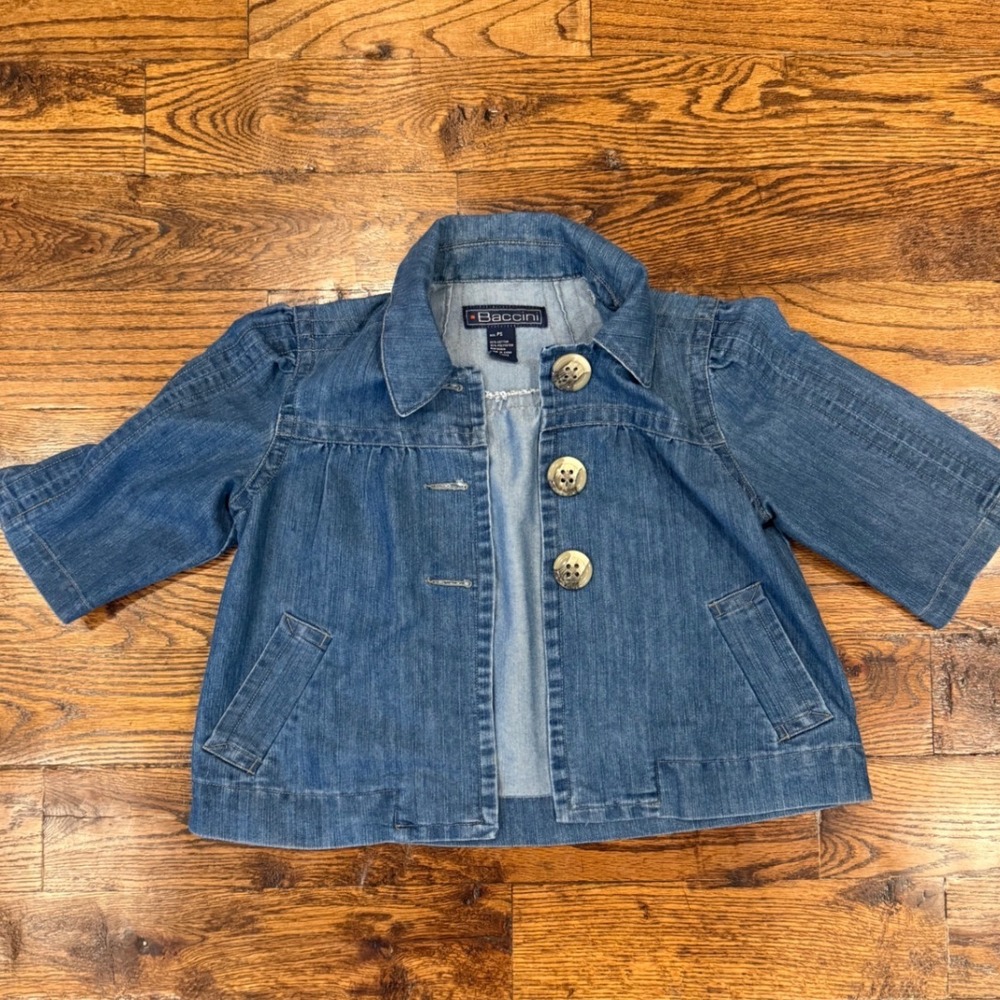 Baccini Women Petite PS Blue Denim Jacket Cropped Puff Sleeve Button Up Y2K Boho